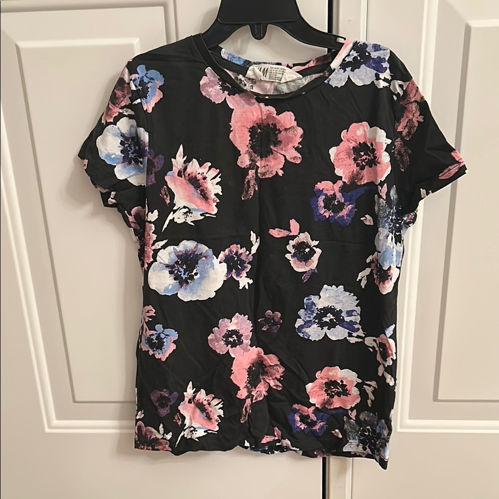 H&M Kids Floral Tee - Black with Pink and Blue